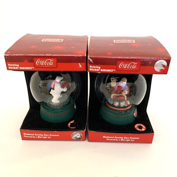 2 Coca-Cola Holiday Radiance Glass Ornaments Illuminated Rotating Santa Bear Vtg - Picture 2 of 16
